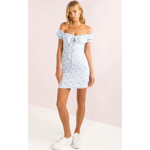 Who I Am Mini Bodycon Summer Dress US6 AU10 Floral Off Shoulder Short Sleeve - Picture 1 of 8